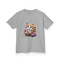 Cute kitten playing in a basket of wool on a grey kid's Tee, perfect for little cat lovers and children's fashion.