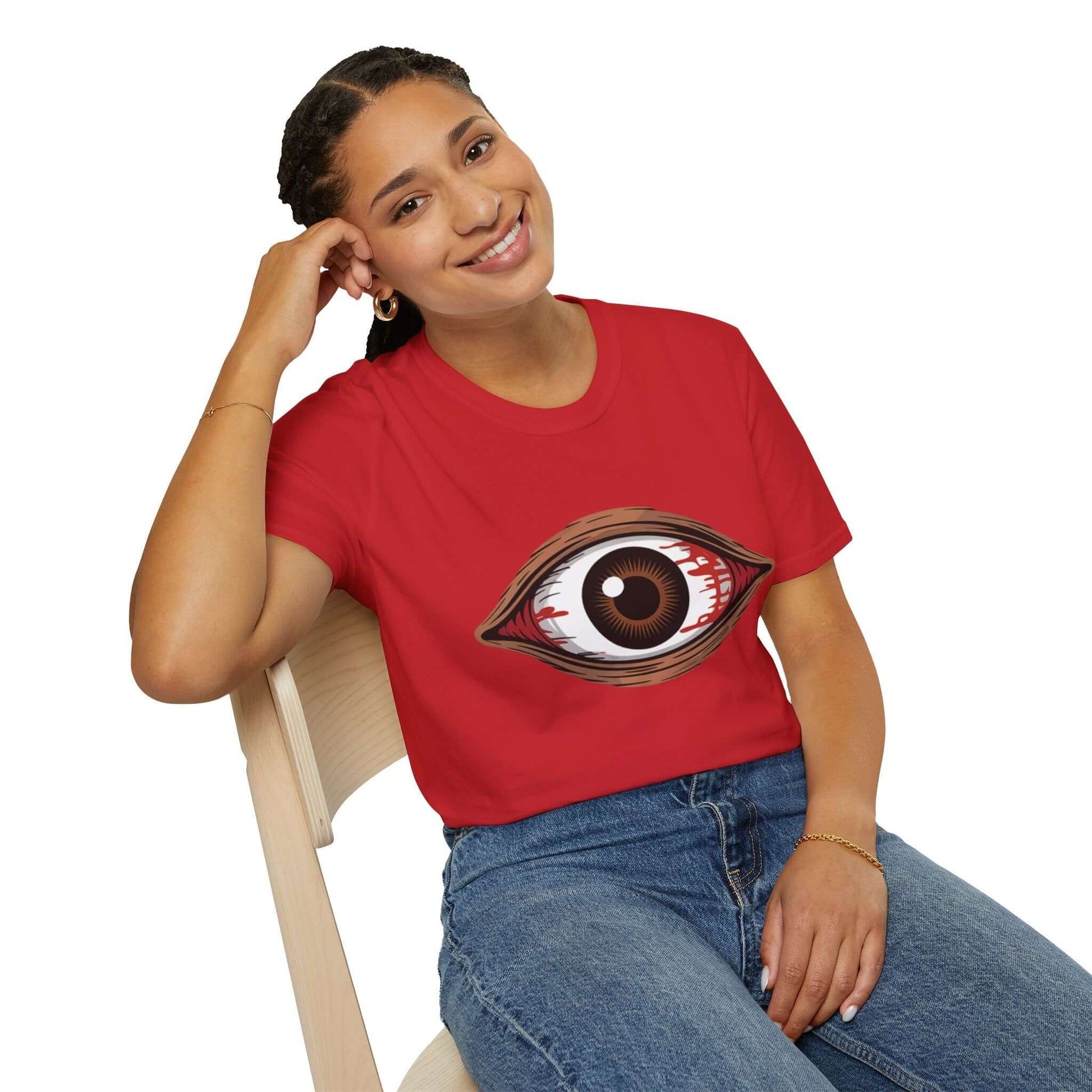 Unisex red Bloody Brown Eye T-shirt on a smiling model, perfect for concerts and Halloween events.