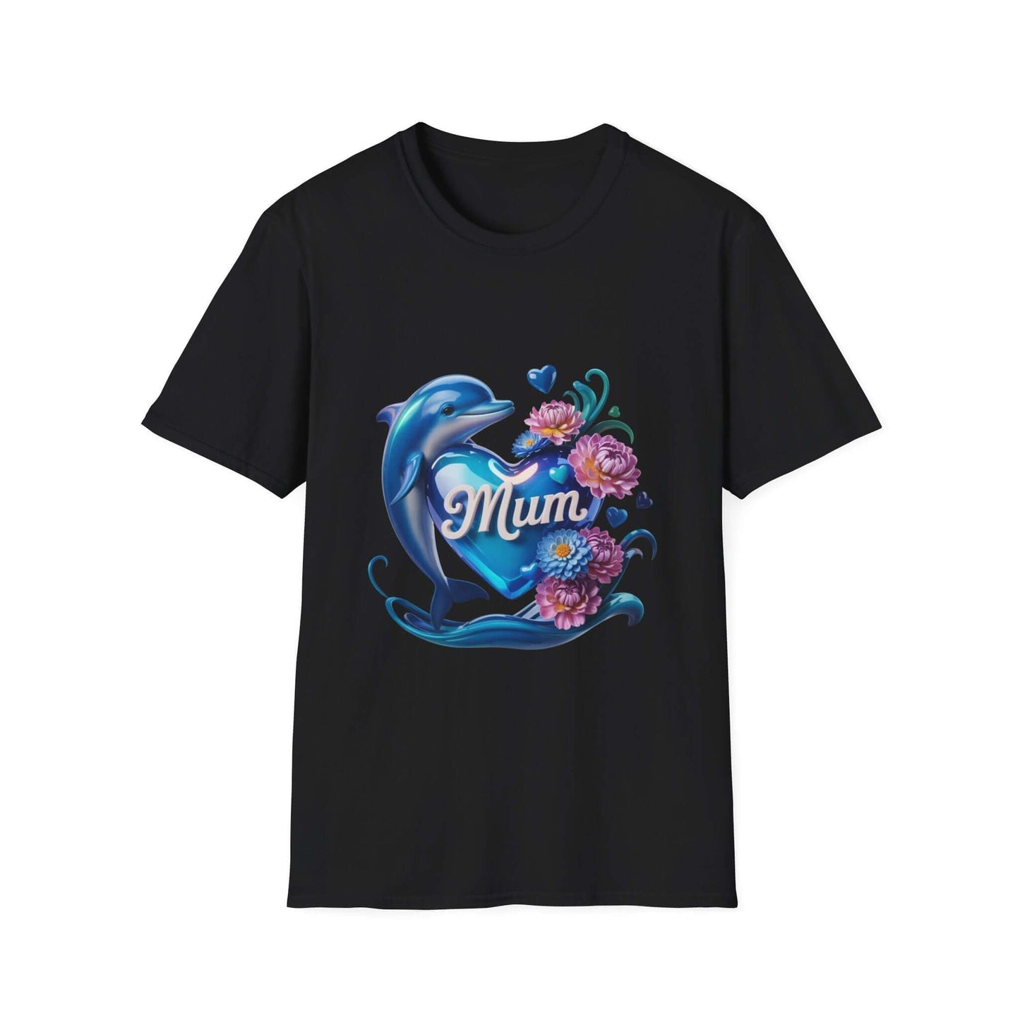 Dolphin Heart Mum T-Shirt with floral design, perfect for Mother's Day, made from soft, durable ring-spun cotton.