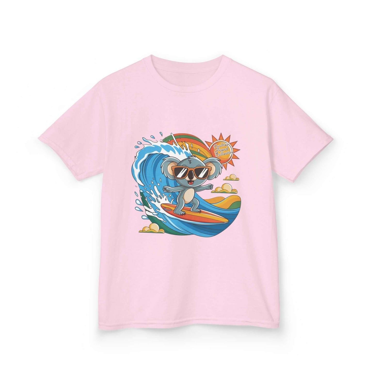 Light pink kid's tee featuring a cool surfing koala riding a wave, perfect for beach-loving toddlers and families.