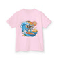 Light pink kid's tee featuring a cool surfing koala riding a wave, perfect for beach-loving toddlers and families.