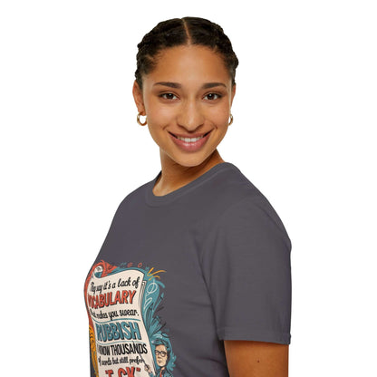 Smiling woman in a grey unisex T-shirt featuring a funny quote about vocabulary, perfect for teachers and comedy lovers.