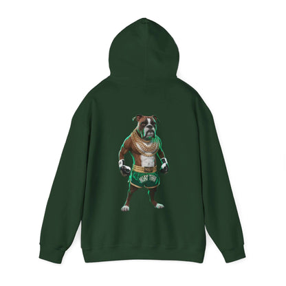 Boxer dog standing upright, dressed as a Muay Thai fighter in gold chains on a green hoodie.