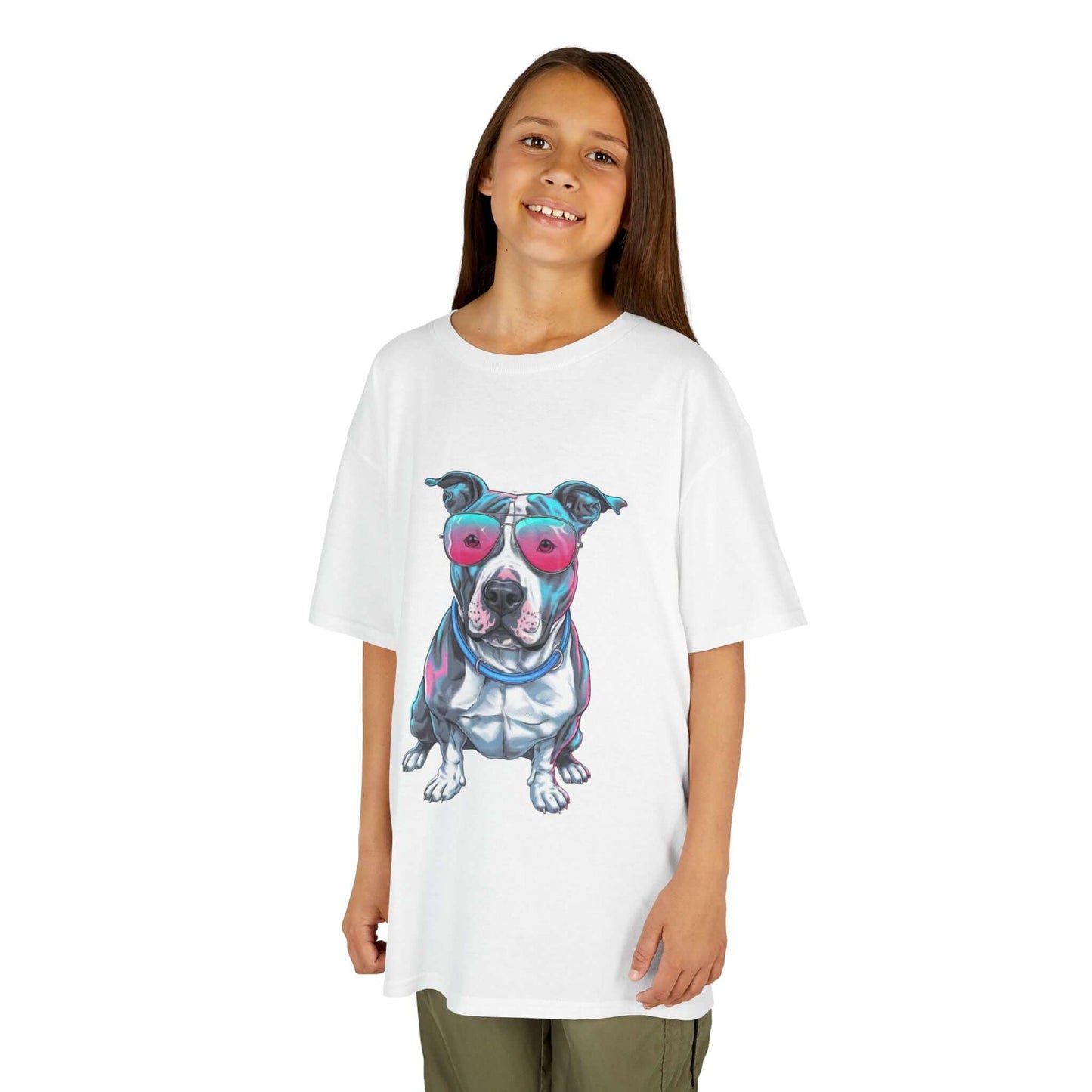 Kids T-shirt - featuring a retro synth wave Pit Bull design with pink sunglasses, ideal for dog and animal lovers.
