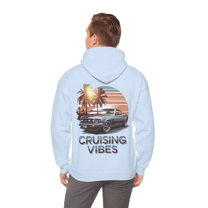 Cruising Vibes hoodie featuring a retro American muscle car and sunset design, perfect for car lovers and adventure seekers.