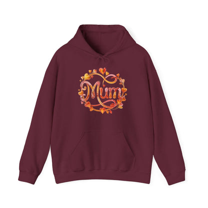 Cozy burgundy hoodie featuring shimmering 'Mum' design with floral and heart ornate, perfect for Mother's Day.