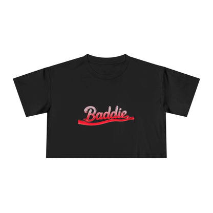 Trendy women's black crop tee featuring liquid red text design "Baddie" for cool streetwear style.