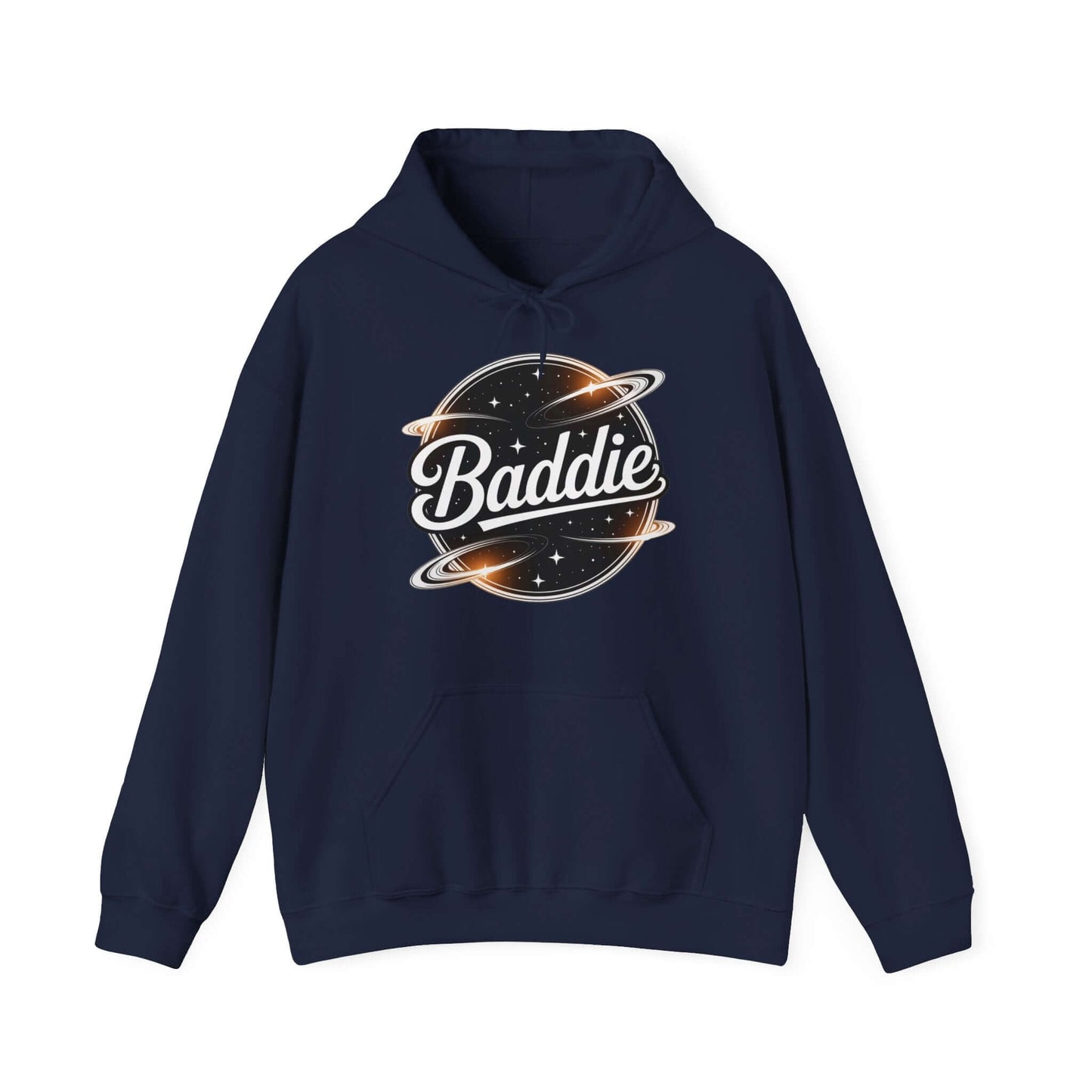 Navy blue hoodie with 'Baddie' universe retro design, perfect for trendy casual wear.