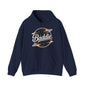 Navy blue hoodie with 'Baddie' universe retro design, perfect for trendy casual wear.