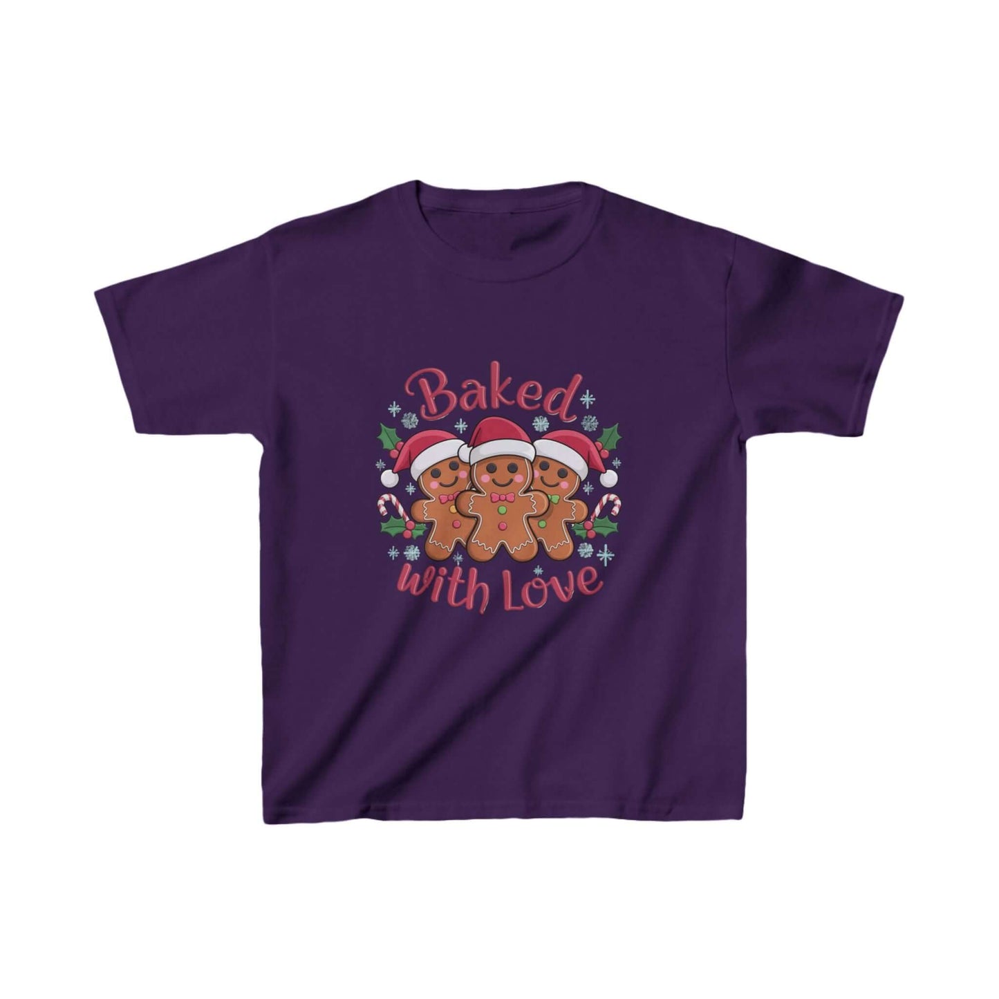 Kids T-shirt featuring gingerbread men in Santa hats with 'Baked with Love' typography for festive holiday fun.