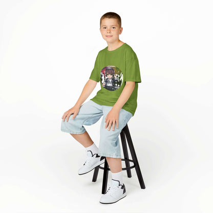 Boy sitting on a stool wearing a green DJ chibi boy party music lover t-shirt, paired with denim shorts and sneakers.