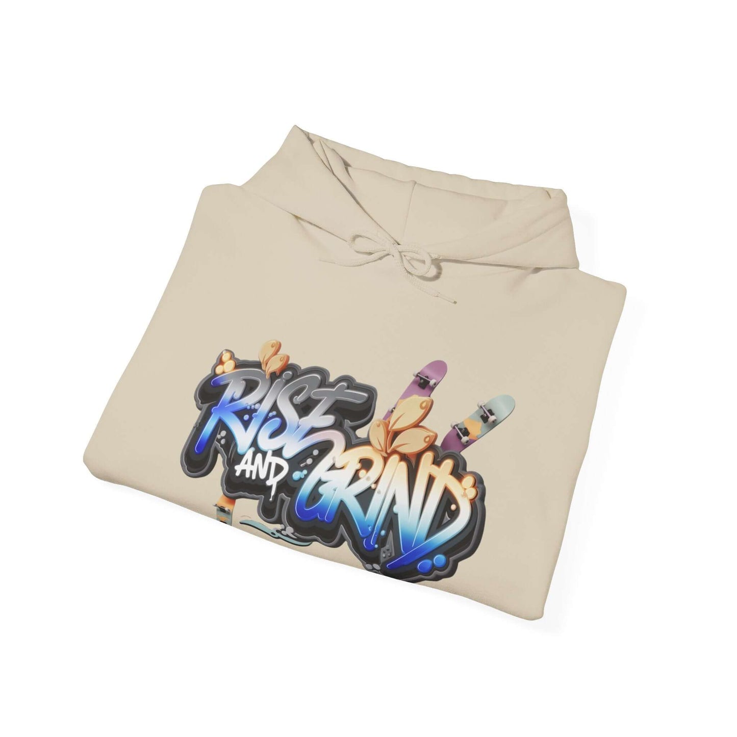 Unisex hoodie with graffiti style 'Rise and Grind' skater design, featuring skateboards and a chic urban vibe.