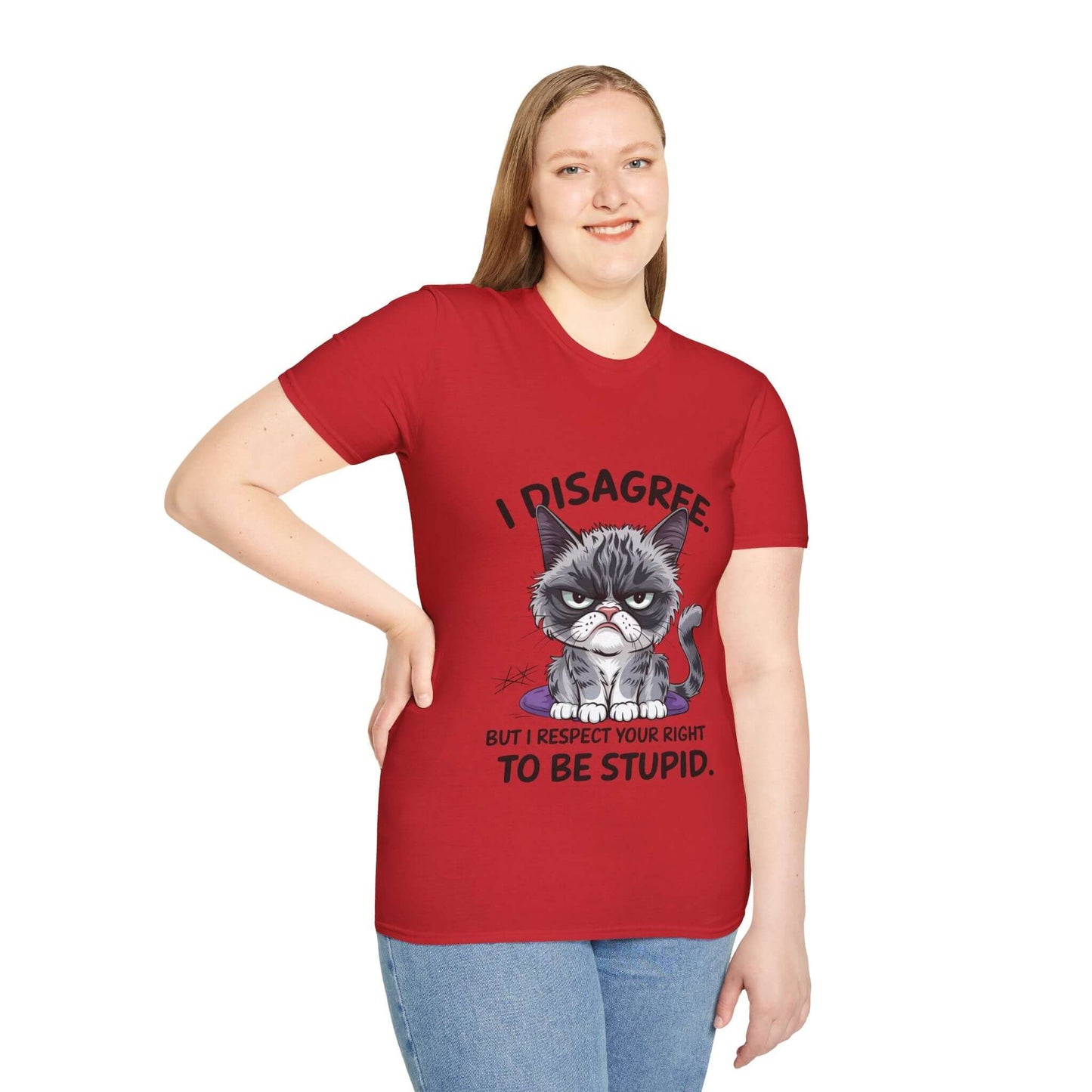 Unisex red grumpy cat t-shirt with sarcastic quote: 'I disagree But I respect your right to be stupid'.