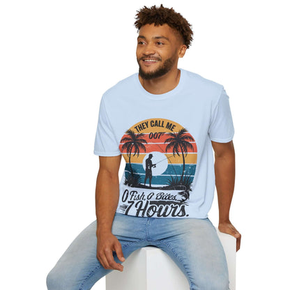 Retro funny fishing quote shirt featuring 'They call me 007 0 Fish 0 Bites 7 Hours', perfect for fishing enthusiasts.