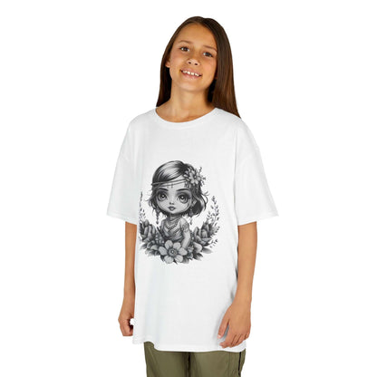 Chibi girl kids tee featuring a black and white illustration with jewelry and flowers, offering a cute playful vibe.