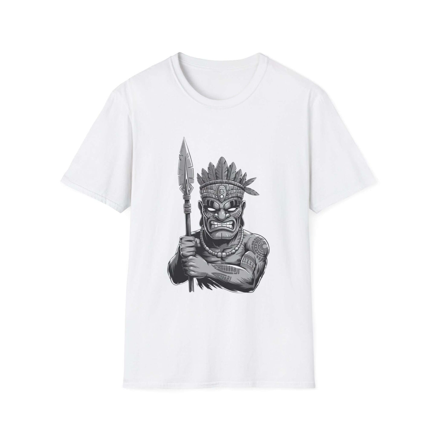 Tiki character design T-shirt with spear and feathered headdress, perfect for unique fashion and summer events.