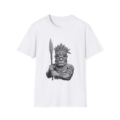 Tiki character design T-shirt with spear and feathered headdress, perfect for unique fashion and summer events.