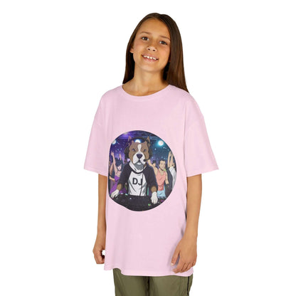 Kids tee featuring a DJ dog playing at a crowded party, capturing vibrant energy and fun for young music lovers.
