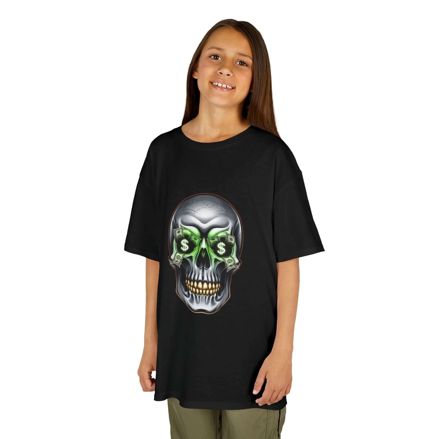 Black kid's Tee featuring a cool skull design with dollar bills in the eye sockets, perfect for streetwear fashion.