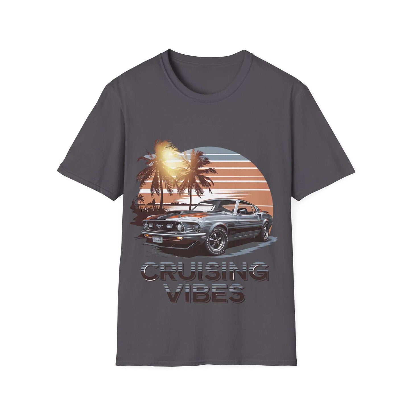 Cruising Vibes t-shirt featuring a retro American muscle car and sunset design, perfect for car lovers and adventure seekers.