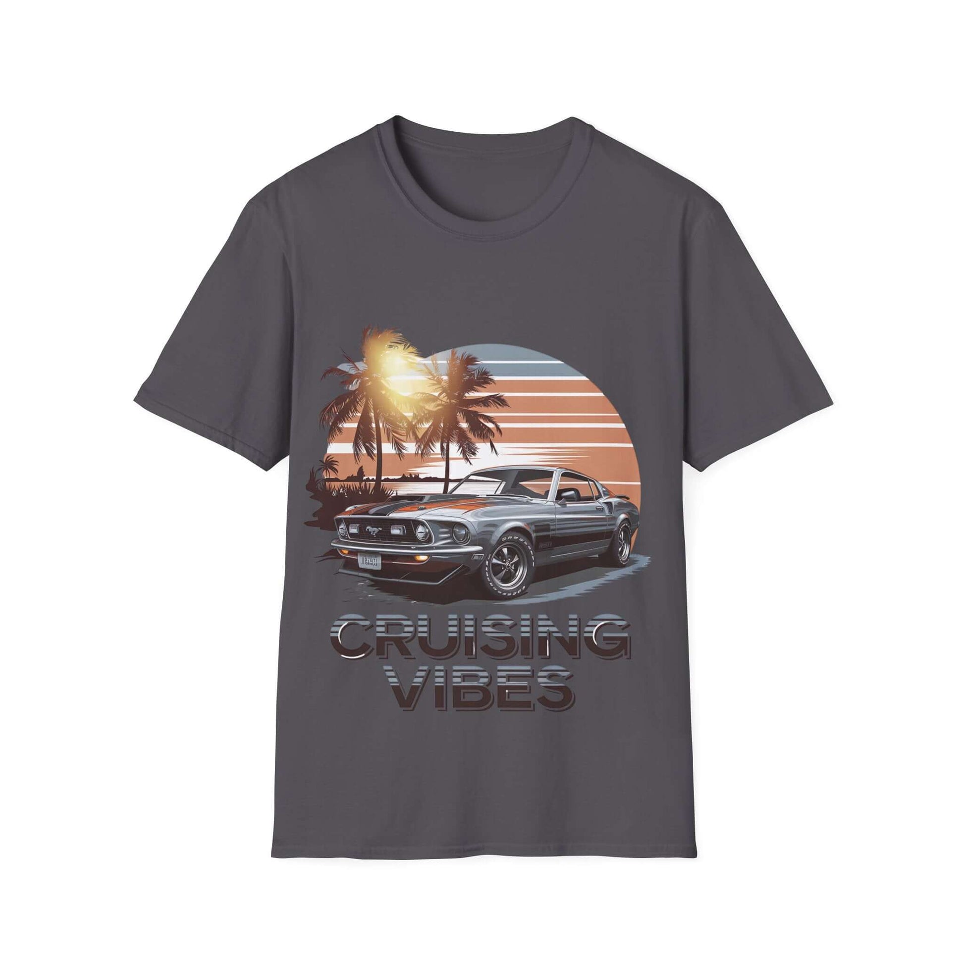Cruising Vibes t-shirt featuring a retro American muscle car and sunset design, perfect for car lovers and adventure seekers.