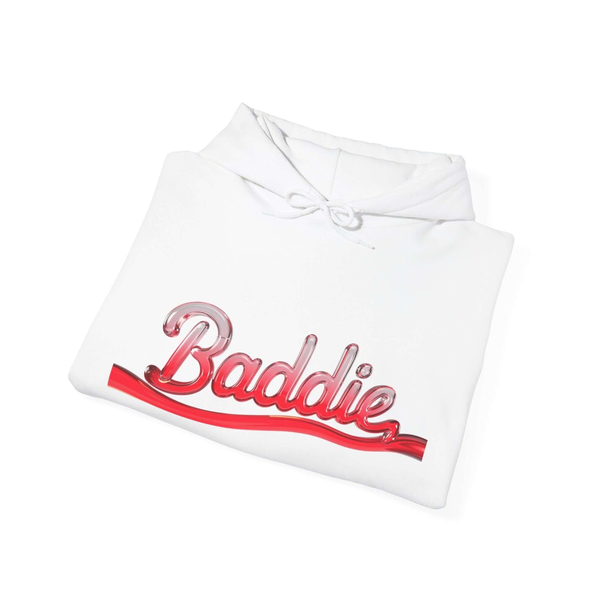 Hooded sweatshirt featuring 'Baddie' typography design in red liquid text, stylish for streetwear lovers.
