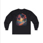 Tropical sunset beach long sleeve tee featuring palm trees and vibrant ocean colors, perfect for summer vibes and casual wear.