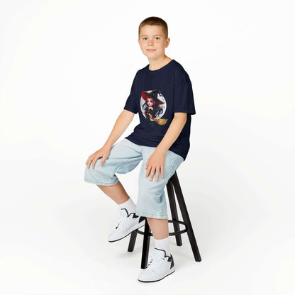 Boy wearing Chibi Witch Kids Tee featuring playful design, sitting on stool with casual shorts and sneakers.