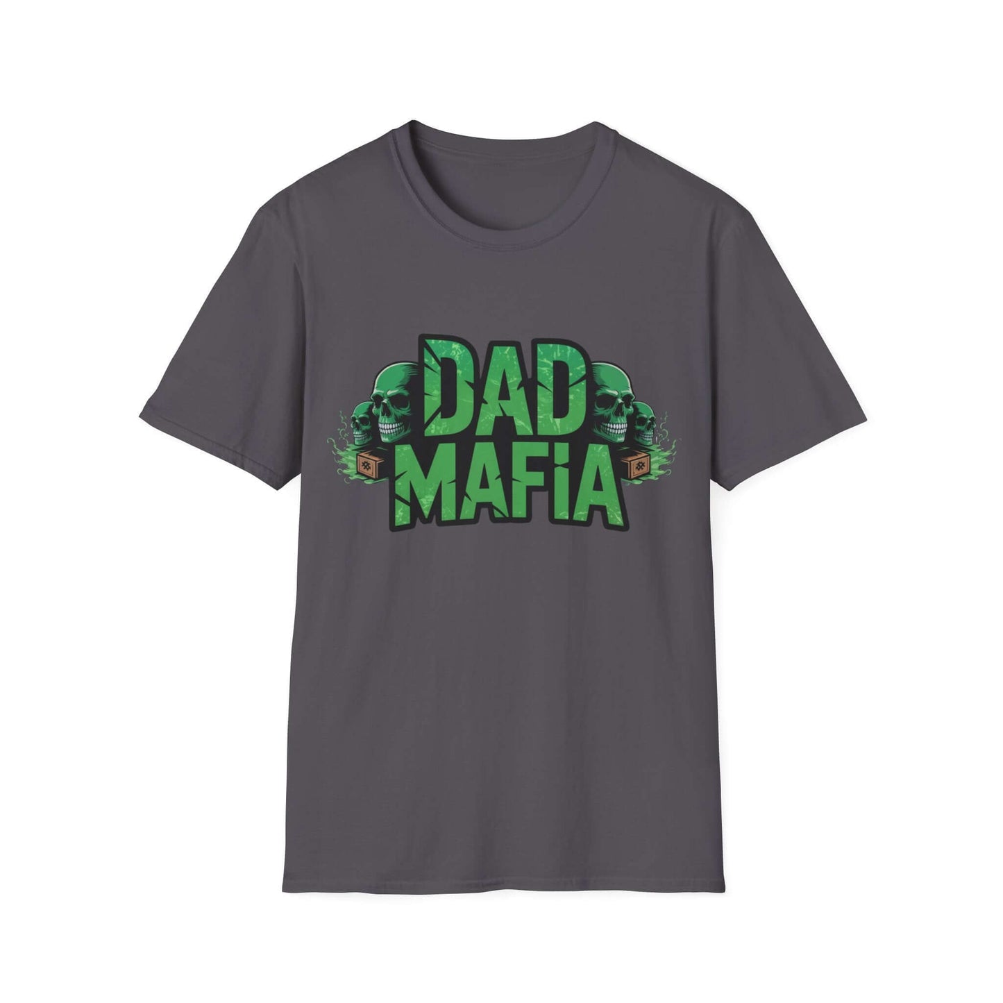 DAD MAFIA unisex T-shirt featuring distressed black lettering and neon green skull accents on a gray background.