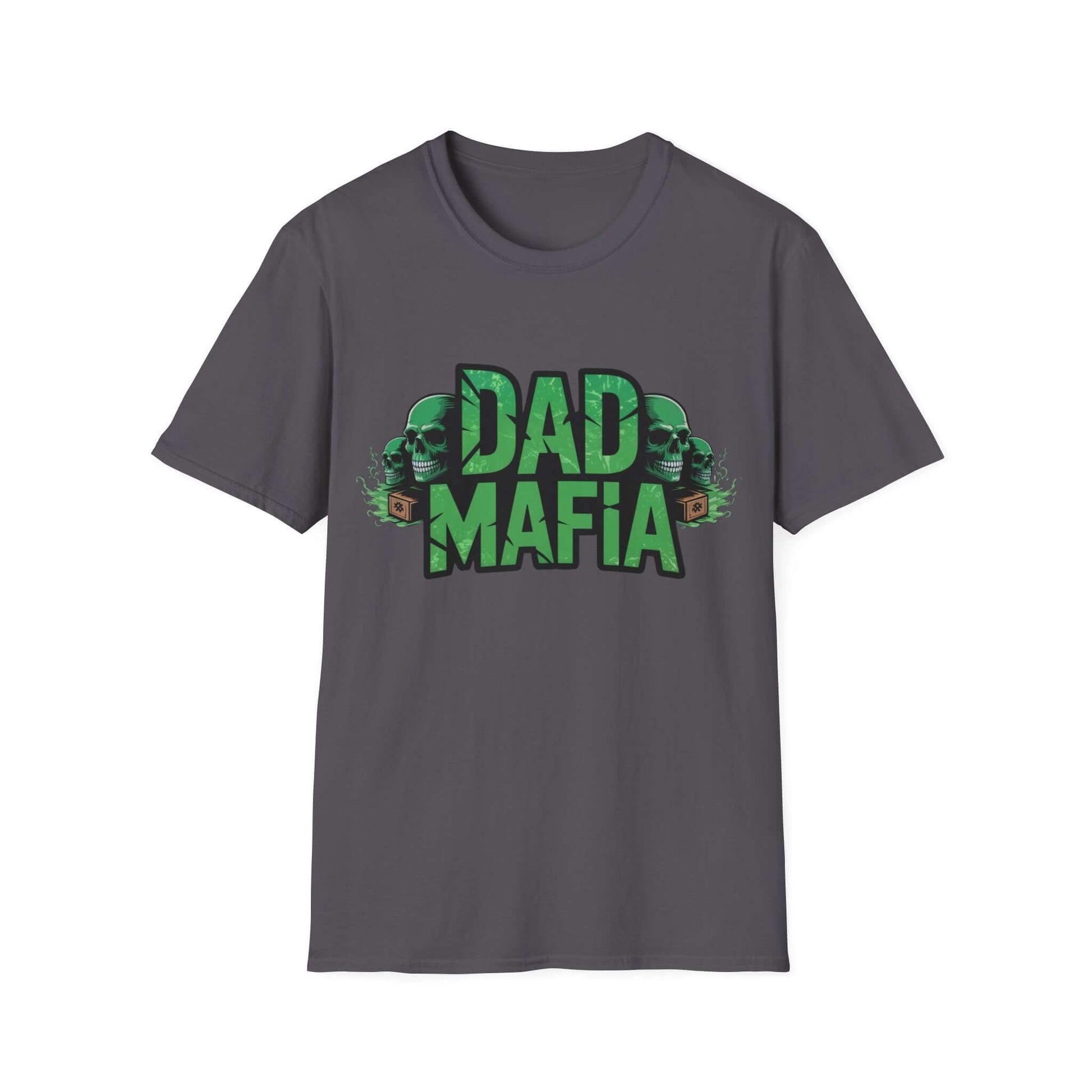 DAD MAFIA unisex T-shirt featuring distressed black lettering and neon green skull accents on a gray background.