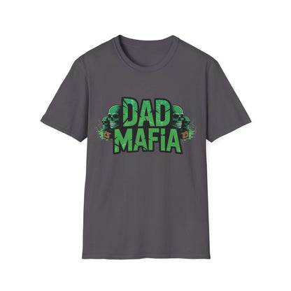 DAD MAFIA unisex T-shirt featuring distressed black lettering and neon green skull accents on a gray background.