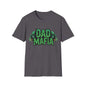 DAD MAFIA unisex T-shirt featuring distressed black lettering and neon green skull accents on a gray background.