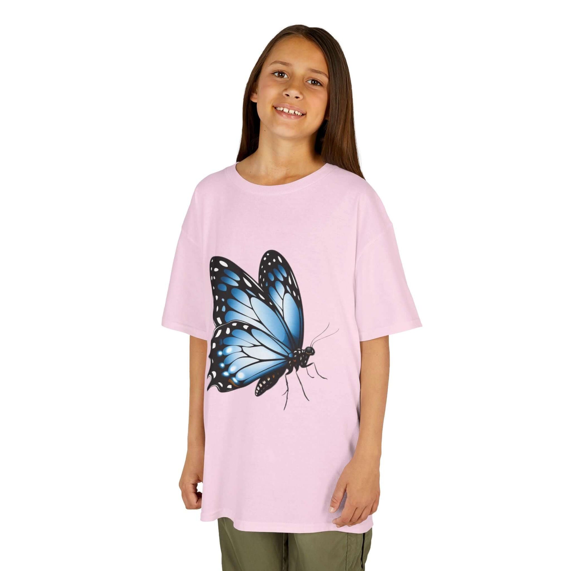 Kid's light pink Tee with beautiful blue butterfly design, perfect for nature lovers and children.