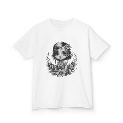 Black and white chibi girl kids tee with jewelry and flowers, showcasing a cute and playful vibe.
