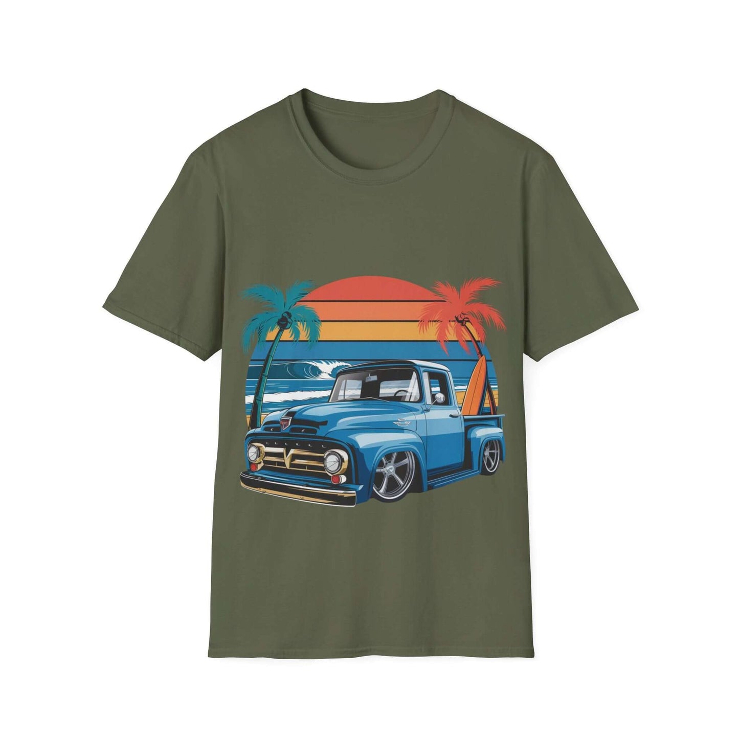 T-shirt with custom vintage pickup truck design, sunset beach vibe, perfect for car lovers.