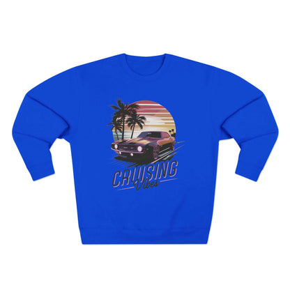 Blue Vintage muscle car sunset Sweatshirt with 'Cruising Vibes' text and tropical design, perfect jumper for casual winter wear and retro car enthusiasts.