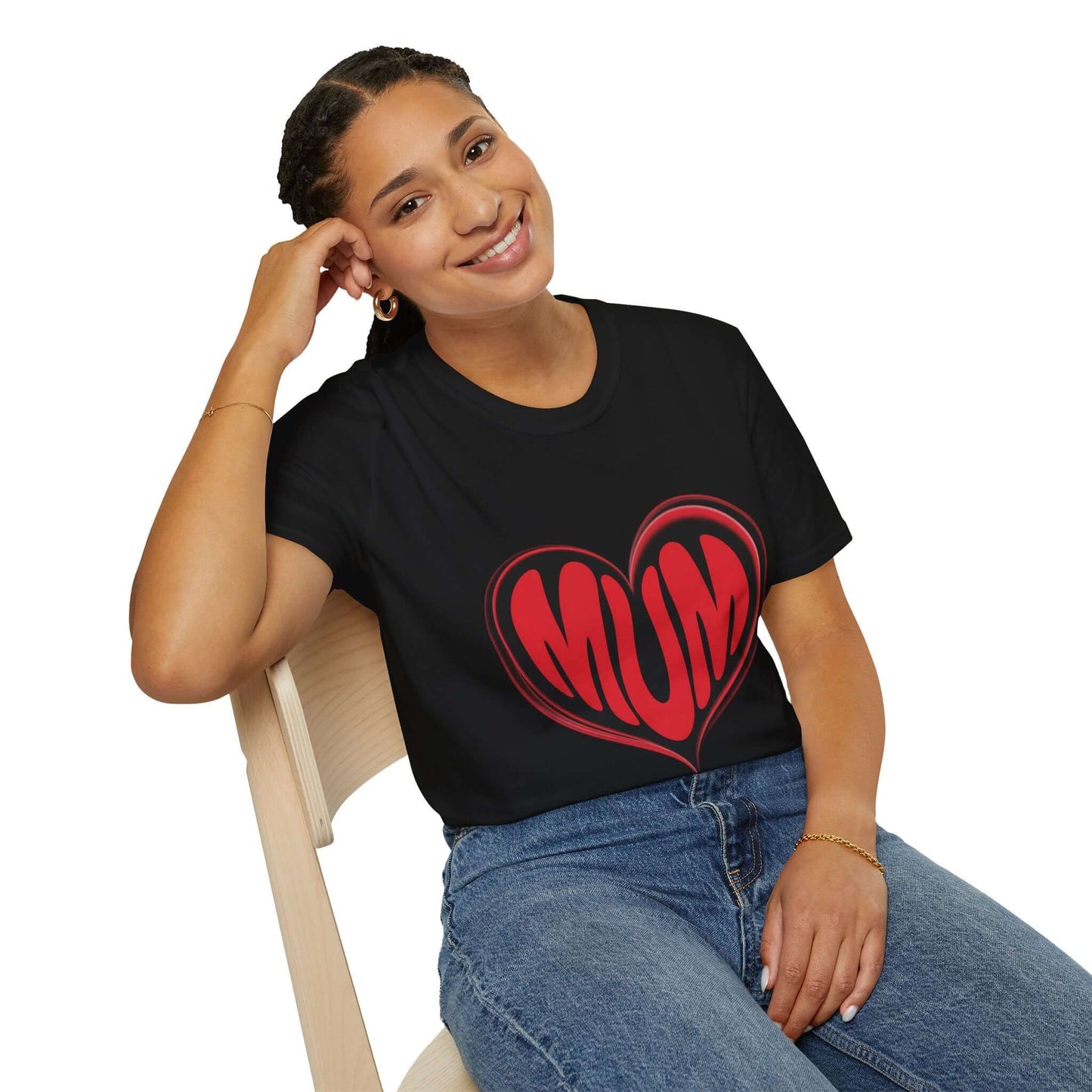 Woman wearing a comfortable black T-shirt with 'MUM' in a heart design, perfect for Mother's Day.