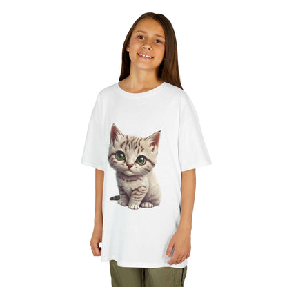 Cute white kitten graphic design on a kid's Tee, perfect for children who love cats.