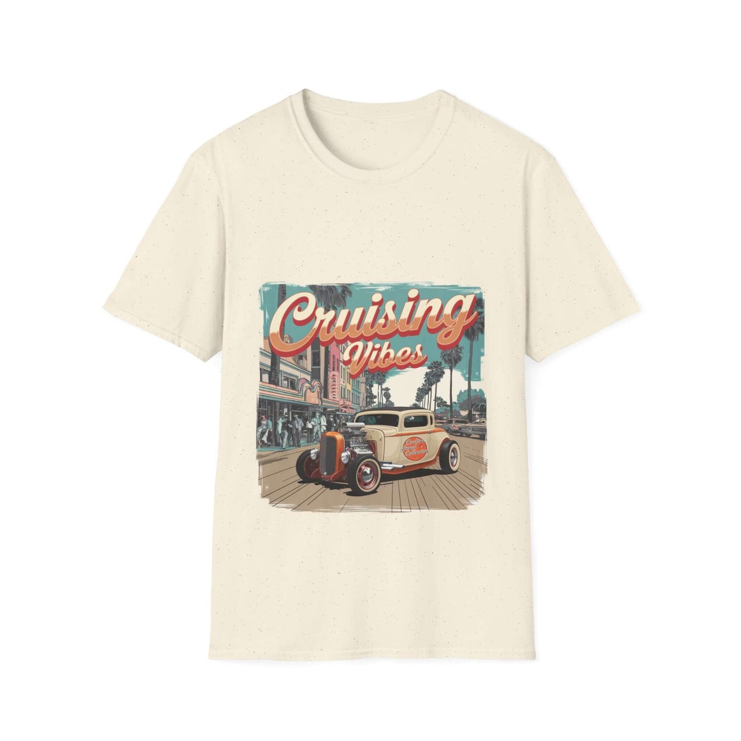 Vintage hotrod t-shirt featuring 'Cruising Vibes' design with palm trees, perfect for summer and car lovers.