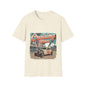 Vintage hotrod t-shirt featuring 'Cruising Vibes' design with palm trees, perfect for summer and car lovers.