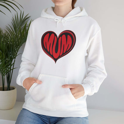 Unisex white hoodie featuring red 'MUM' heart design, perfect for Mother's Day and stylish comfort.