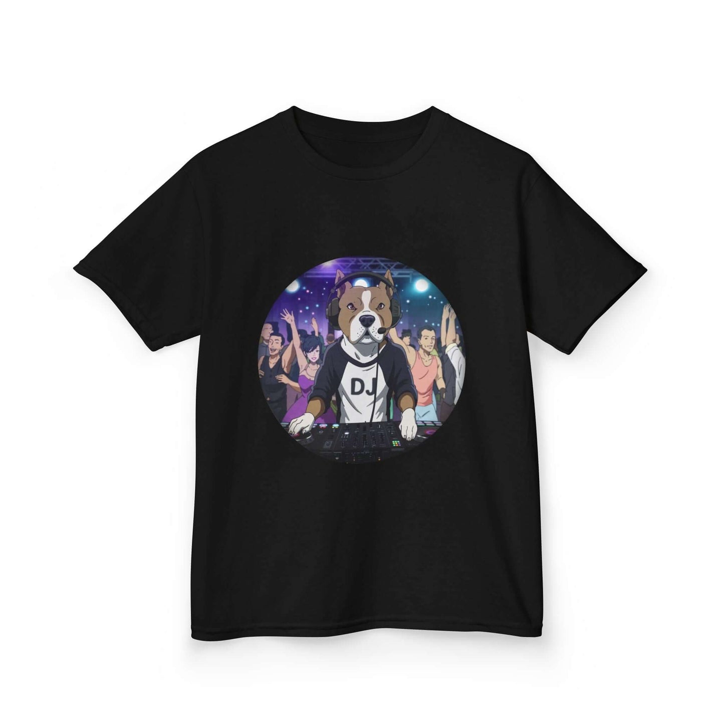 DJ Dog kids tee featuring a cool dog DJ playing decks at a lively party with energetic party goers.