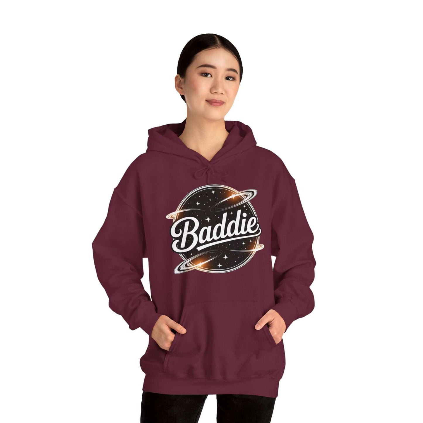 Trendy maroon hoodie featuring 'Baddie' universe design with retro vibe and spacious kangaroo pocket.