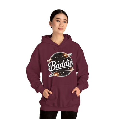 Trendy maroon hoodie featuring 'Baddie' universe design with retro vibe and spacious kangaroo pocket.