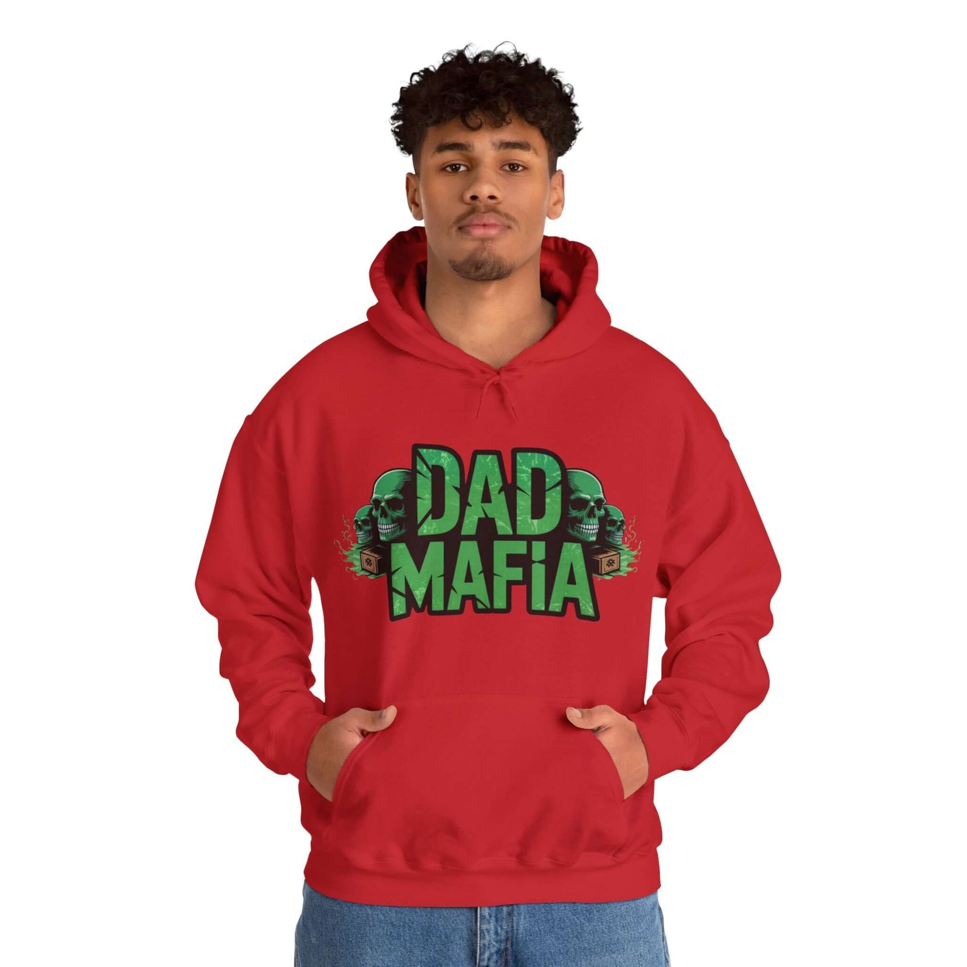 A man wearing a DAD MAFIA unisex hoodie with distressed black lettering and neon green skull accents.