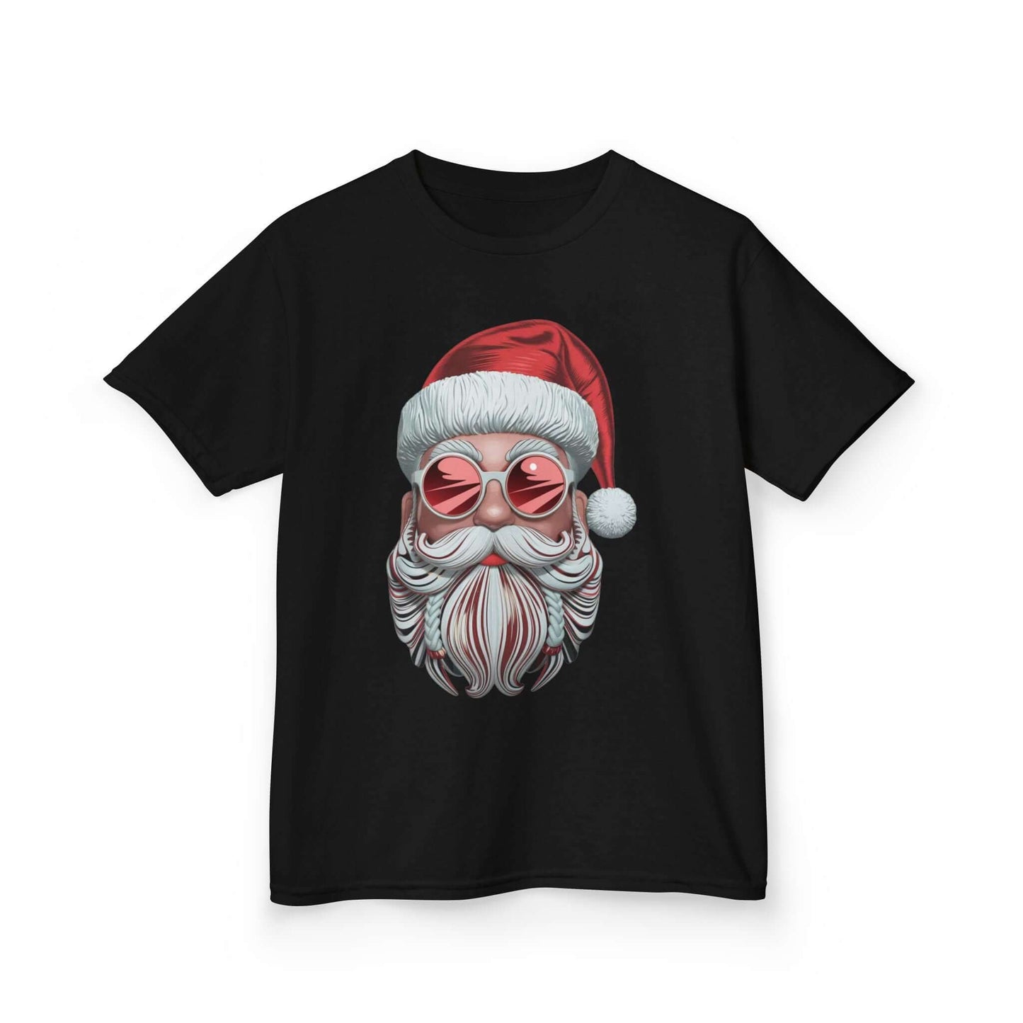 Cool Santa kids t-shirt featuring a trendy Santa with sunglasses and a festive vibe, perfect for the holiday season.