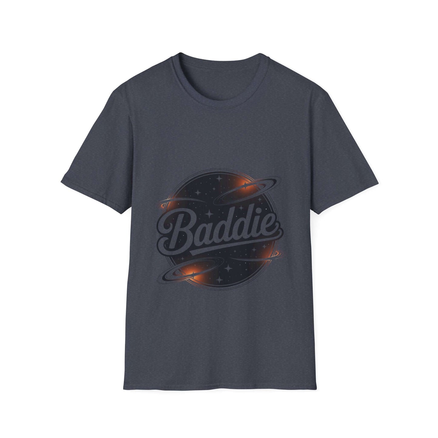 Unisex soft-style T-shirt featuring a retro 'Baddie' universe design, perfect for trendy casual wear.