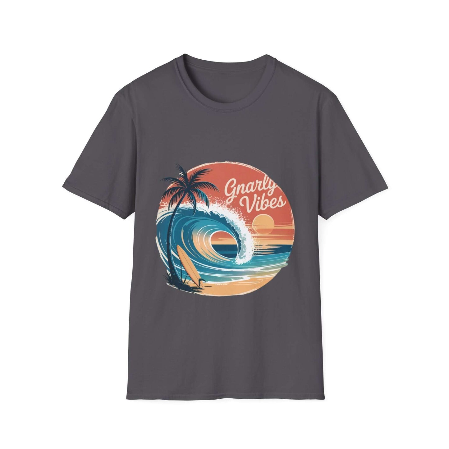 Vintage sunset beach tee with big wave and tropical sunset, perfect for surf culture lovers.