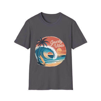 Vintage sunset beach tee with big wave and tropical sunset, perfect for surf culture lovers.