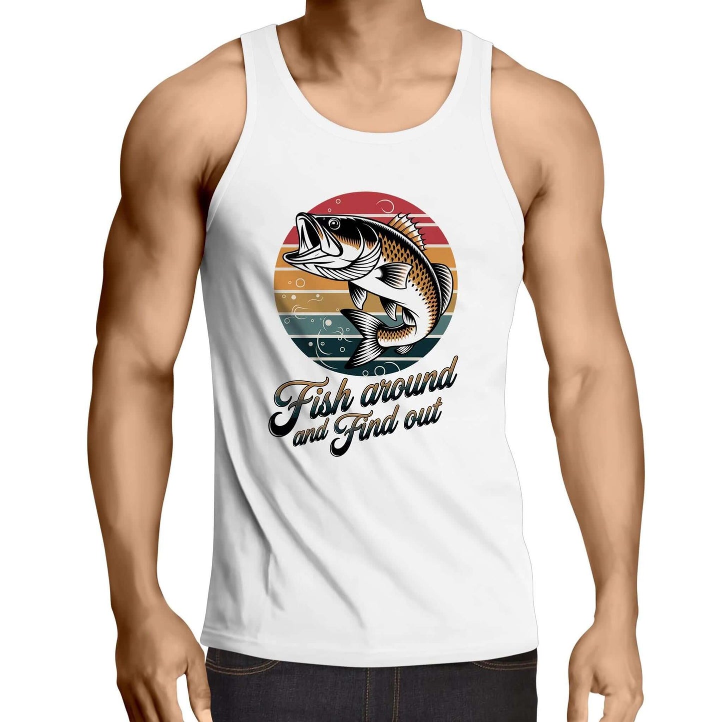 AS Colour men's fishing singlet top with funny retro sunset and fish design and 'Fish around and Find out' quote.